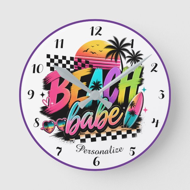 Tropical Sunset Beach Babe Coastal Art Work Round Clock (Front)