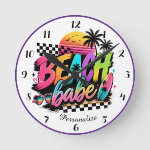 Tropical Sunset Beach Babe Coastal Art Work Round Clock