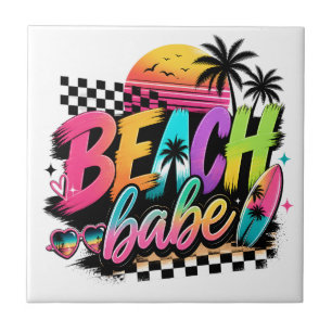 Tropical Sunset Beach Babe Quote Retro Art Design Ceramic Tile