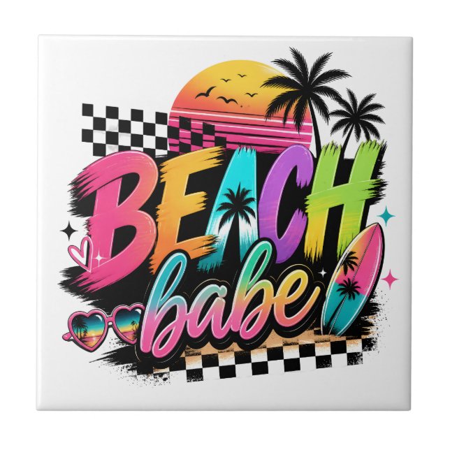 Tropical Sunset Beach Babe Quote Retro Art Design Ceramic Tile (Front)