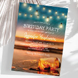 Tropical Sunset Beach Birthday Party Invitation<br><div class="desc">Summer beach birthday party invitations featuring a sunset tropical beach island background, a mason jar with sparkling lights, string twinkle lights and a ceebration text template. Click on the “Customize it” button for further personalization of this template. You will be able to modify all text, including the style, colors, and...</div>