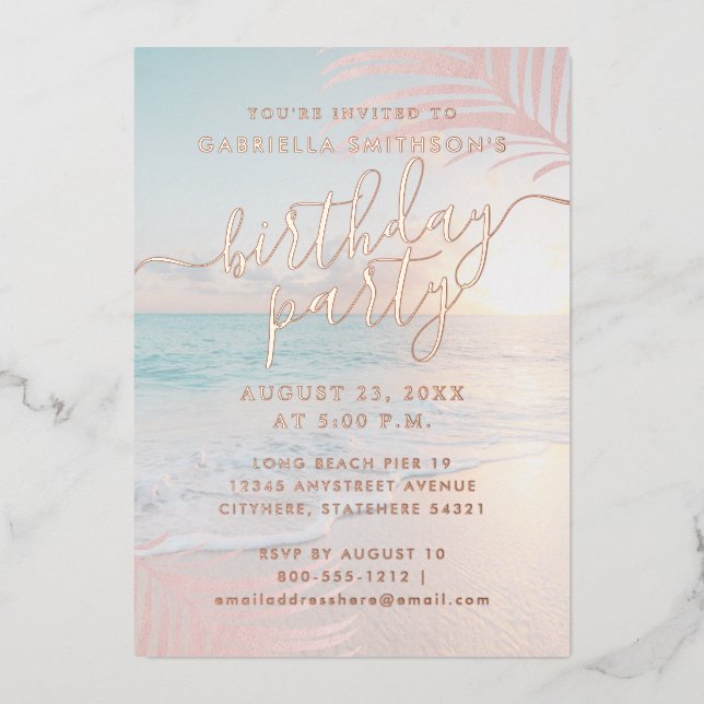 Tropical Sunset Beach Birthday Party Rose Gold Foil Invitation (Front)