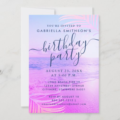 Tropical Sunset Beach Bright Pink Filter Birthday Invitation