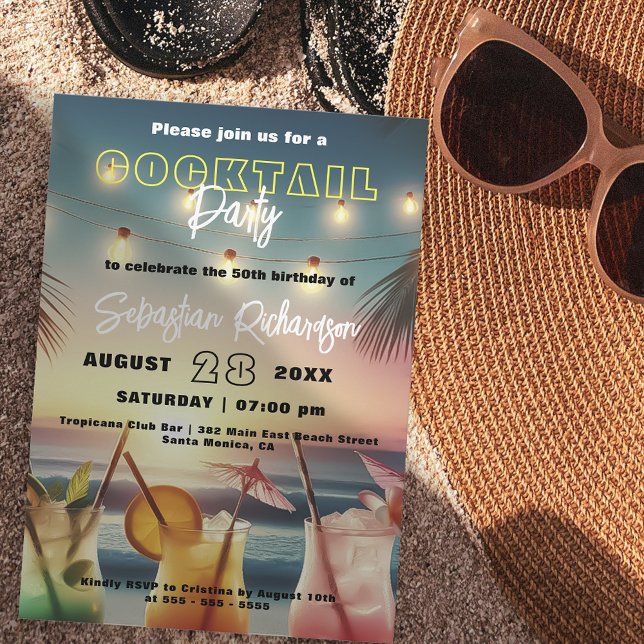 Tropical Sunset Beach Cocktail 50th Birthday Invitation (Creator Uploaded)