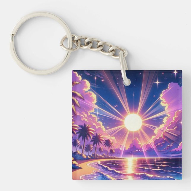 Tropical Sunset Beach Fantasy Painting Keychain (Front)