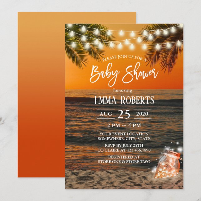 Tropical Sunset Beach Glow Mason Jar Baby Shower Invitation (Front/Back)
