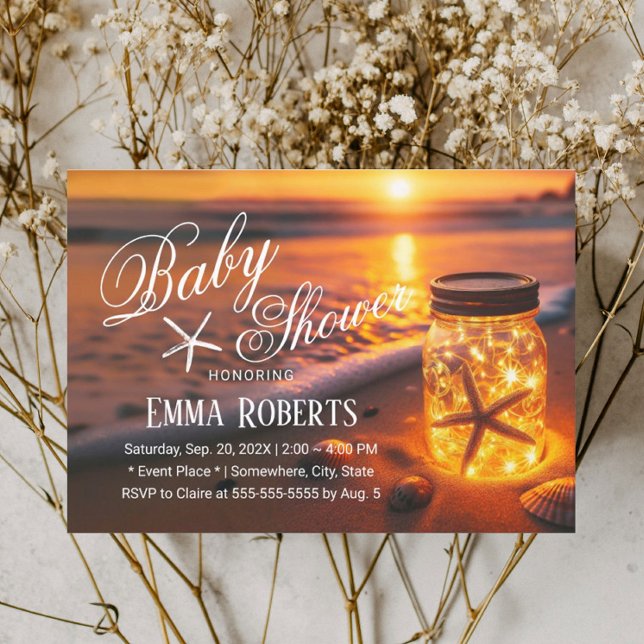 Tropical Sunset Beach Glowing Jar Baby Shower Invitation (Creator Uploaded)