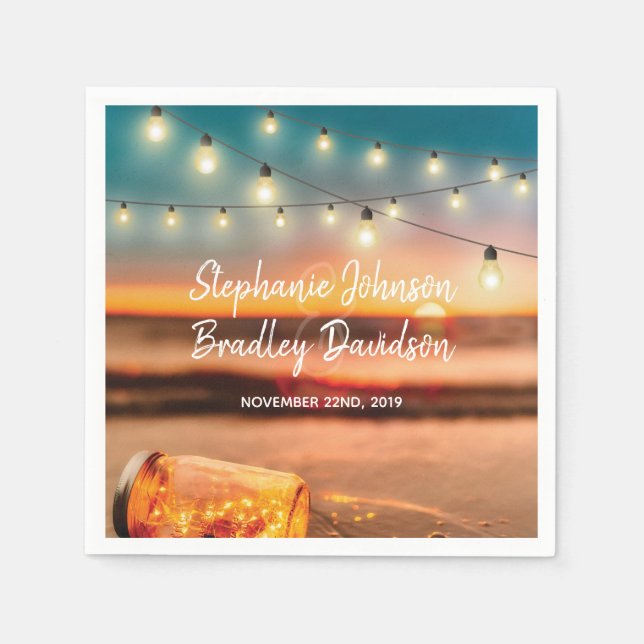 Tropical Sunset Beach Mason Jar Lights Wedding Paper Napkins (Front)