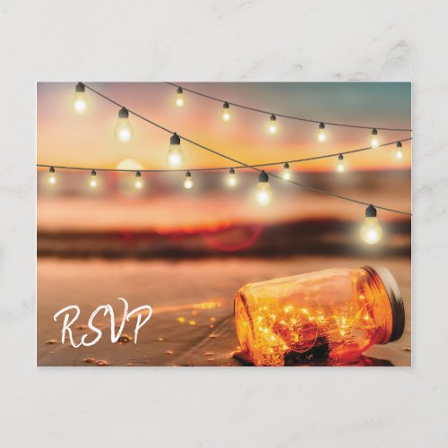 Tropical Sunset Beach Mason Jar Wedding Response Invitation Postcard