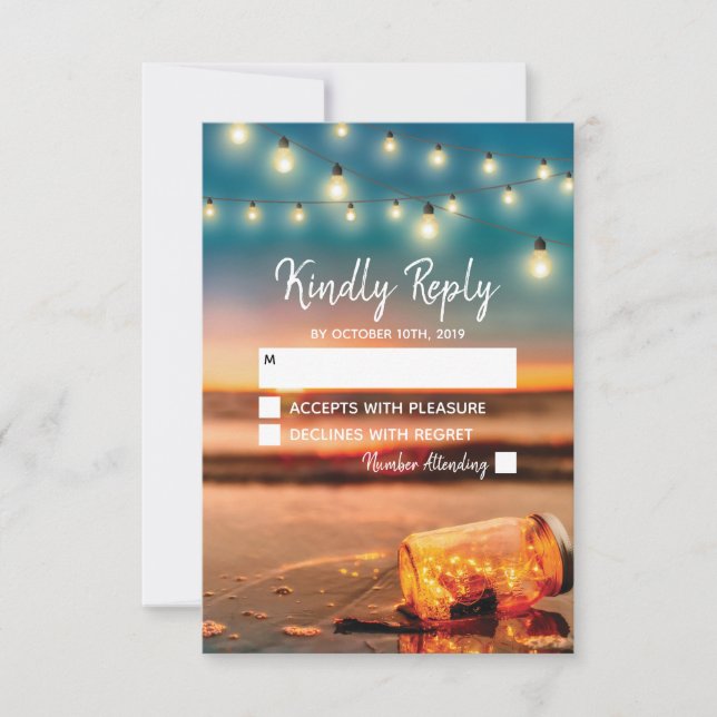 Tropical Sunset Beach Mason Jar Wedding RSVP (Front)