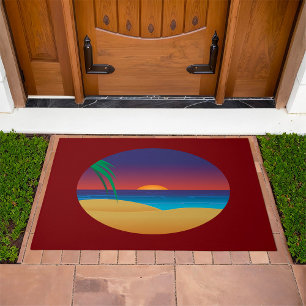 Tropical Sunset Beach Palm Leaves Ocean Waves Doormat