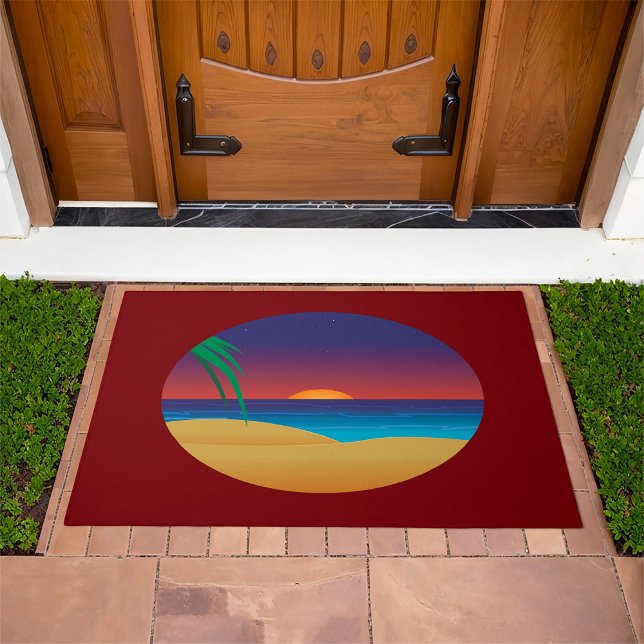 Tropical Sunset Beach Palm Leaves Ocean Waves Doormat (Creator Uploaded)