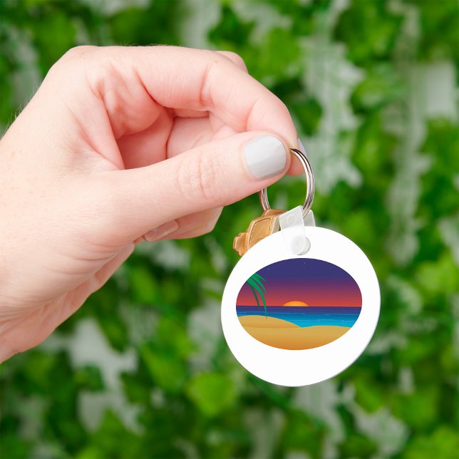 Tropical Sunset Beach Palm Leaves Ocean Waves Keychain (Creator Uploaded)