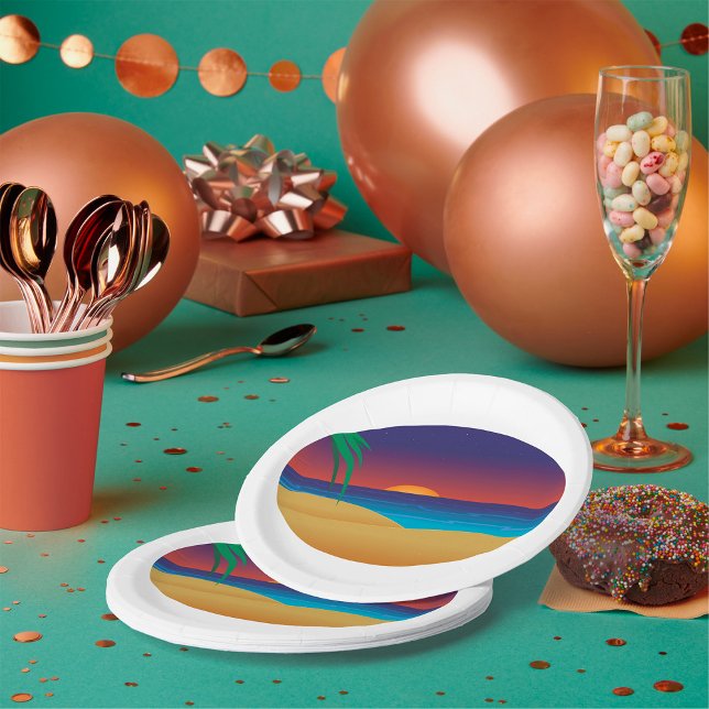 Tropical Sunset Beach Palm Leaves Ocean Waves Paper Plates (Creator Uploaded)