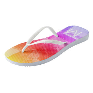 Tropical Sunset Beach & Palm Tree Initial Pink Flip Flops