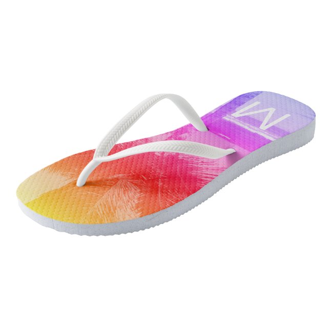 Tropical Sunset Beach & Palm Tree Initial Pink Flip Flops (Angled)