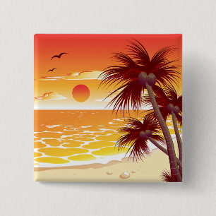 Tropical Sunset Beach Palm Tree Island Button