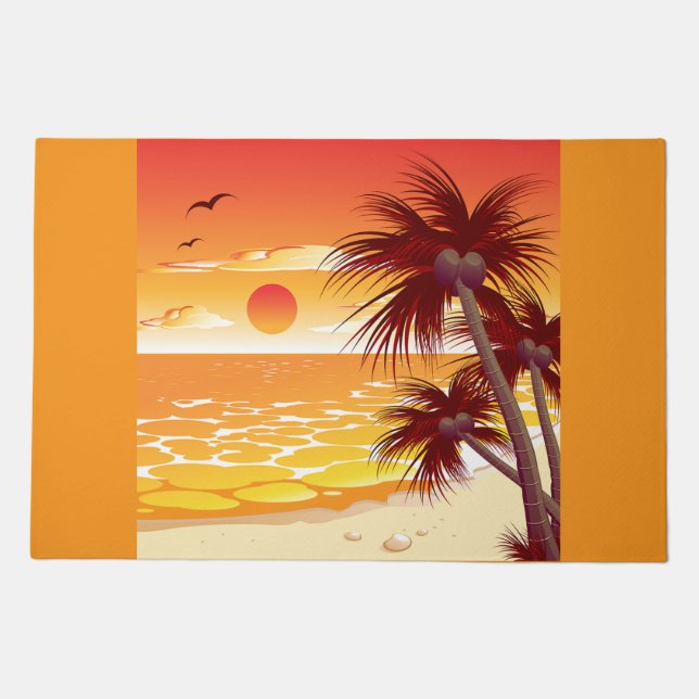Tropical Sunset Beach Palm Tree Island Doormat (Front)