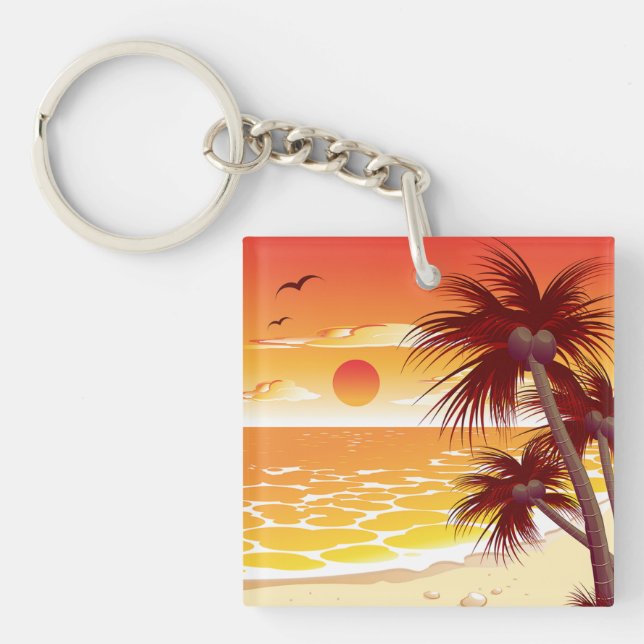 Tropical Sunset Beach Palm Tree Island Keychain (Front)