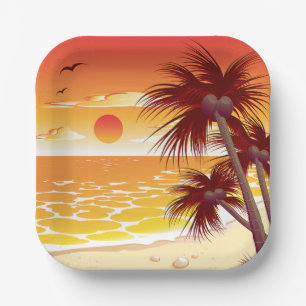 Tropical Sunset Beach Palm Tree Island Paper Plates