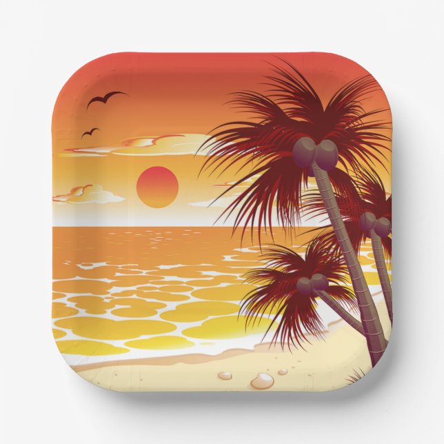 Tropical Sunset Beach Palm Tree Island Paper Plates (Front)