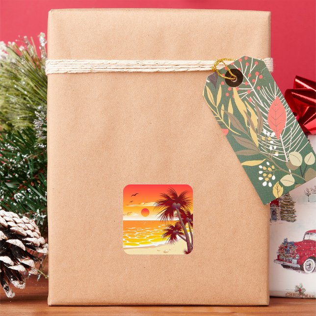 Tropical Sunset Beach Palm Tree Island Square Sticker (Creator Uploaded)