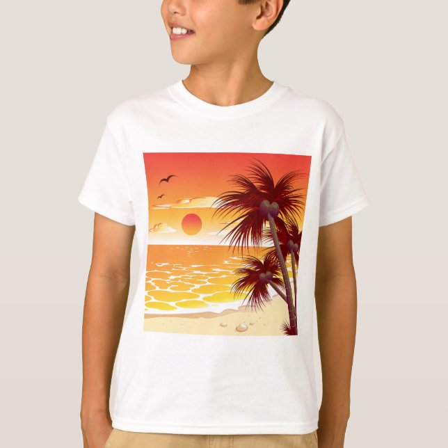 Tropical Sunset Beach Palm Tree Island T-Shirt (Front)