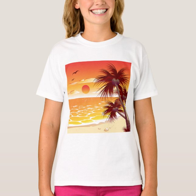 Tropical Sunset Beach Palm Tree Island T-Shirt (Front)