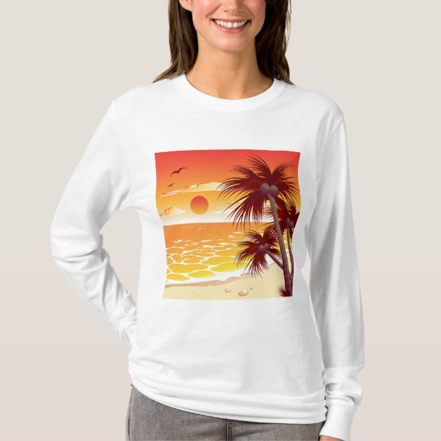 Tropical Sunset Beach Palm Tree Island T-Shirt (Front)