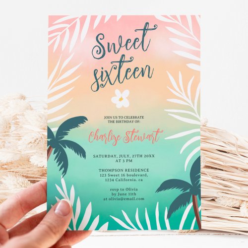 Tropical sunset beach palm tree Sweet 16 Invitation