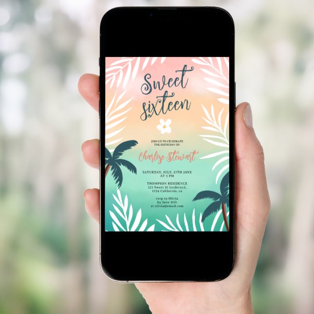 Tropical sunset beach palm tree Sweet 16 Invitation (Front Digital)