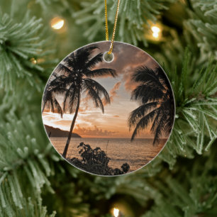 Tropical Sunset Beach Palm Trees Ceramic Ornament