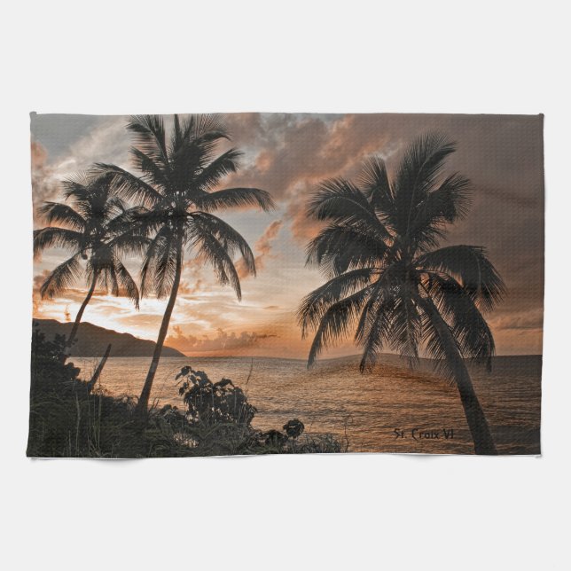 Tropical Sunset Beach Palm Trees Kitchen Towel (Horizontal)