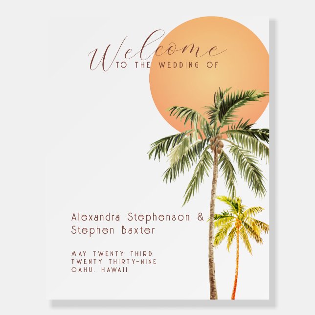 Tropical Sunset Beach & Palm Trees Minimal Wedding Foam Board (Front)