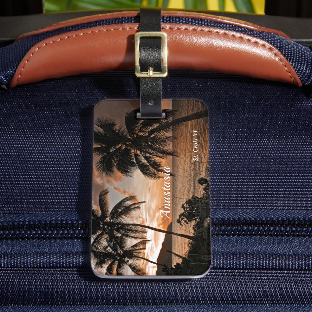 Tropical Sunset Beach Palm Trees Personalize Luggage Tag (Front Insitu 2)