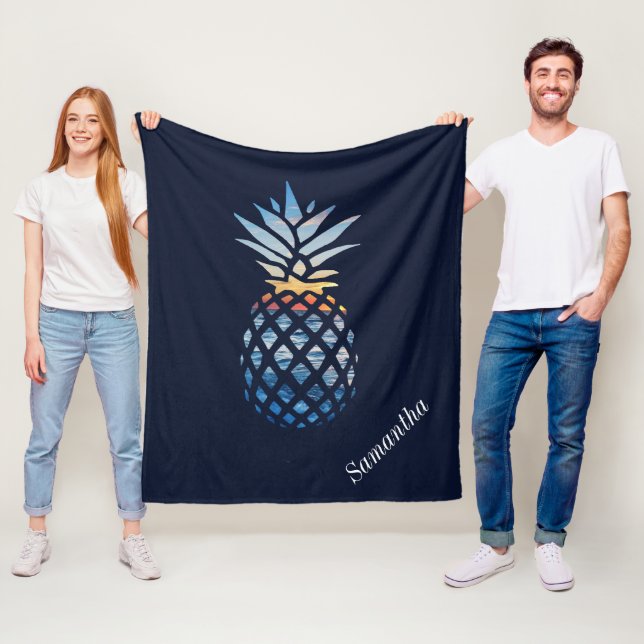 Tropical Sunset Beach Pineapple with Ocean Fleece Blanket (In Situ)