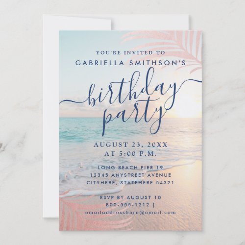 Tropical Sunset Beach Pink Birthday Party Invitation