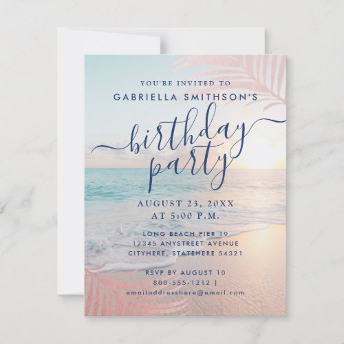Tropical Sunset Beach Pink Birthday Party Small  Invitation