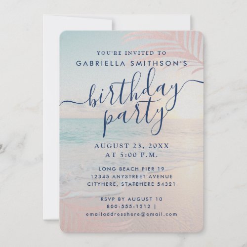 Tropical Sunset Beach Pink Birthday Shimmer Paper Invitation