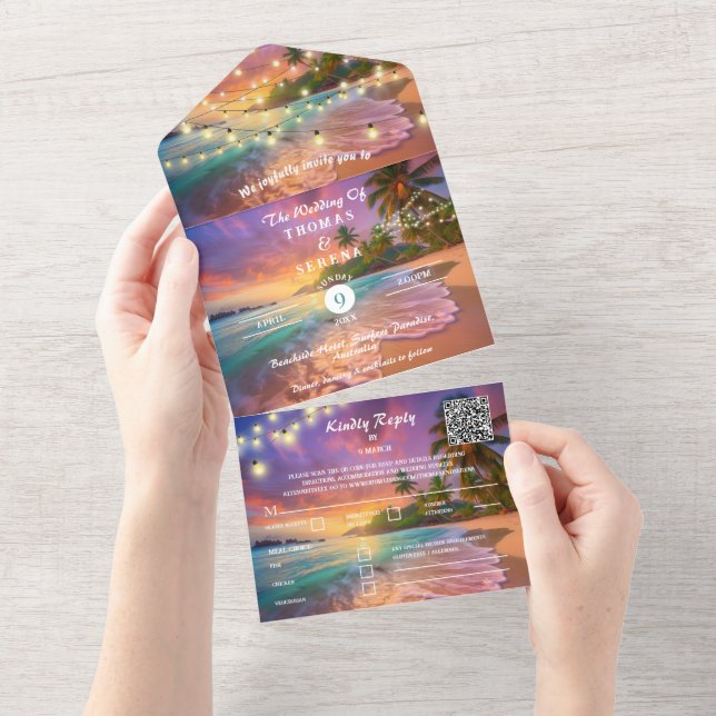 Tropical Sunset Beach QR Code Ocean All In One Invitation (Tearaway)