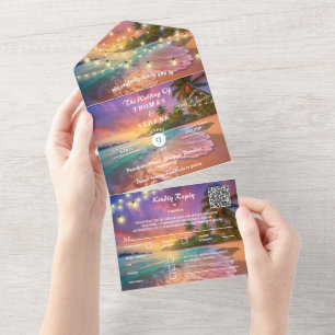 Tropical Sunset Beach QR Code Ocean All In One Invitation