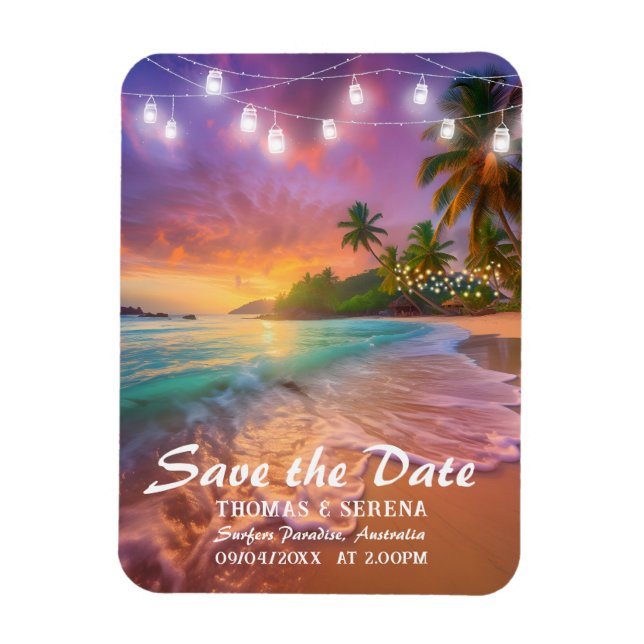 Tropical Sunset Beach QR Code Save The Date Magnet (Vertical)
