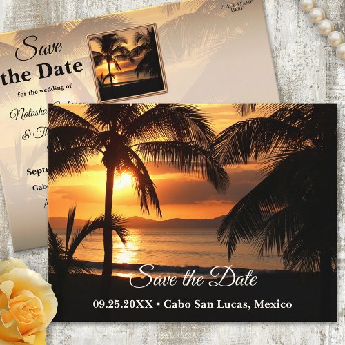 Tropical Sunset Beach Save the Date Postcard