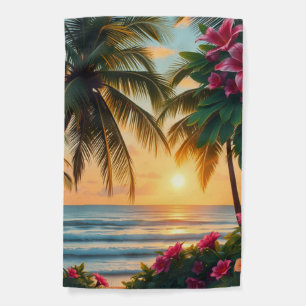 Tropical Sunset Beach Scene with Palm Trees Garden Flag