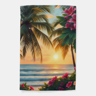 Tropical Sunset Beach Scene with Palm Trees Garden Flag