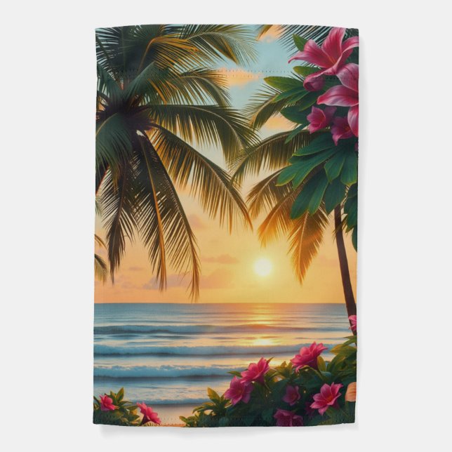 Tropical Sunset Beach Scene with Palm Trees Garden Flag (Front)