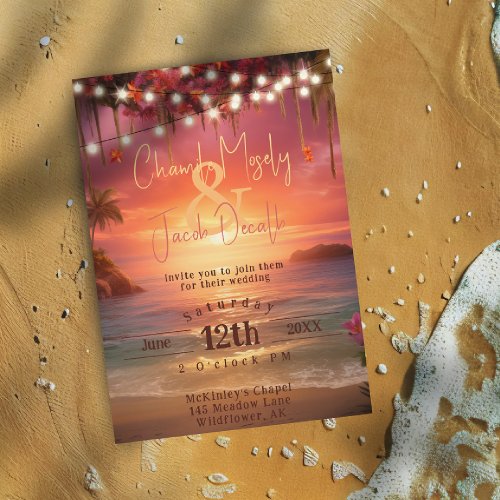 Tropical Sunset Beach String Lights Wedding Invitation