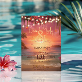 Tropical Sunset Beach String Lights Wedding Invitation