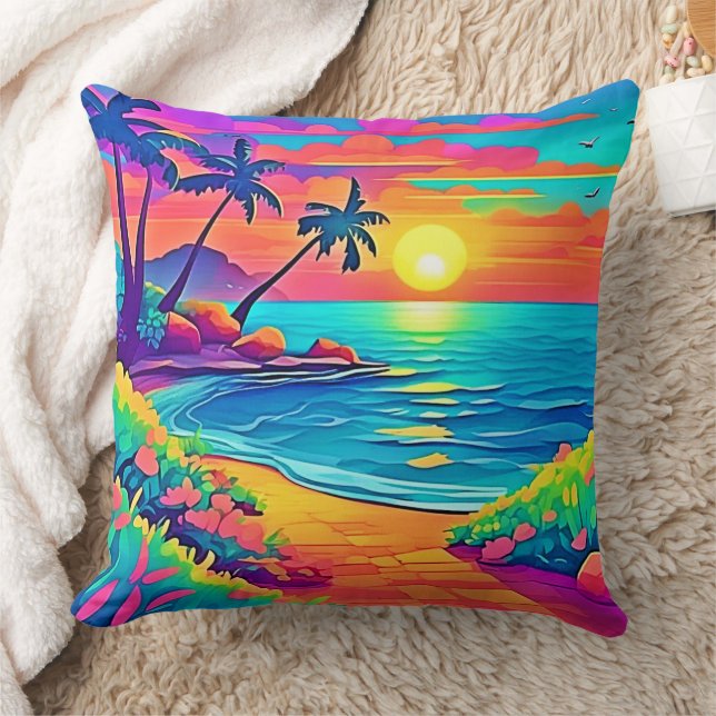 Tropical Sunset Beach Throw Pillow (Blanket)