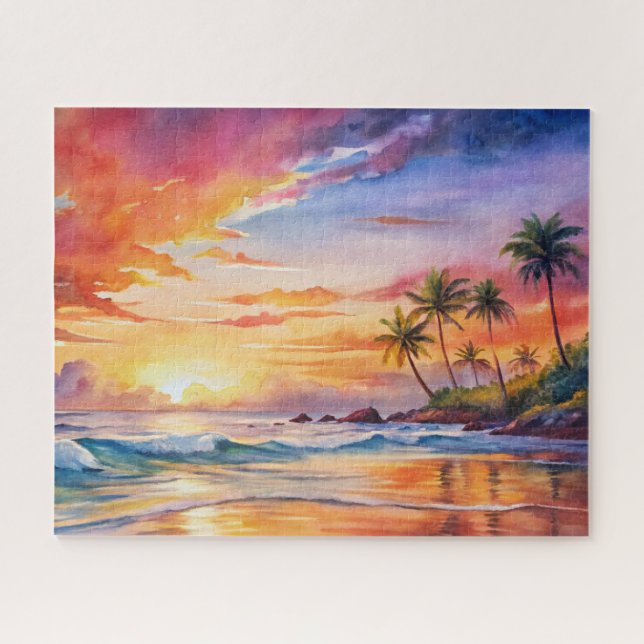 Tropical Sunset Beach Watercolor, Palm, Ocean Jigsaw Puzzle (Horizontal)